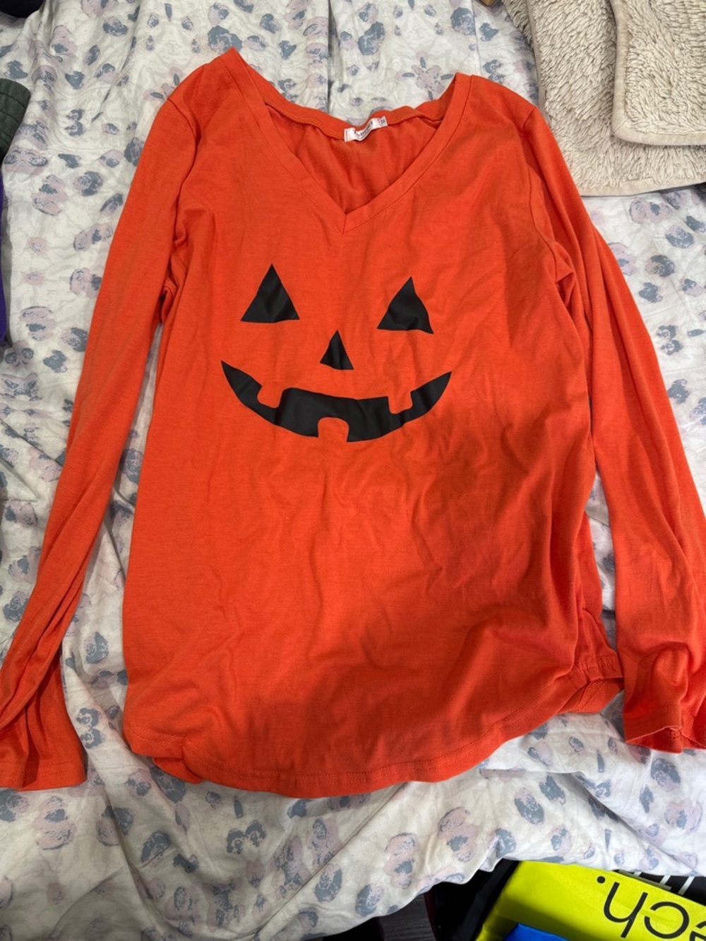 Orange Long Sleeve V-Neck Halloween Pumpkin Tee